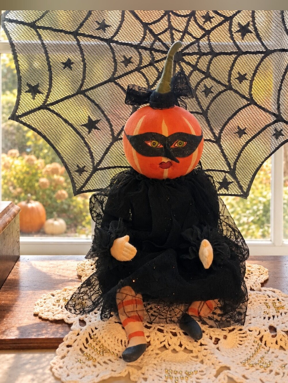 Joe Spencer Gathered Traditions "Glitter Gal" Pumpkin Shelf Sitter Doll